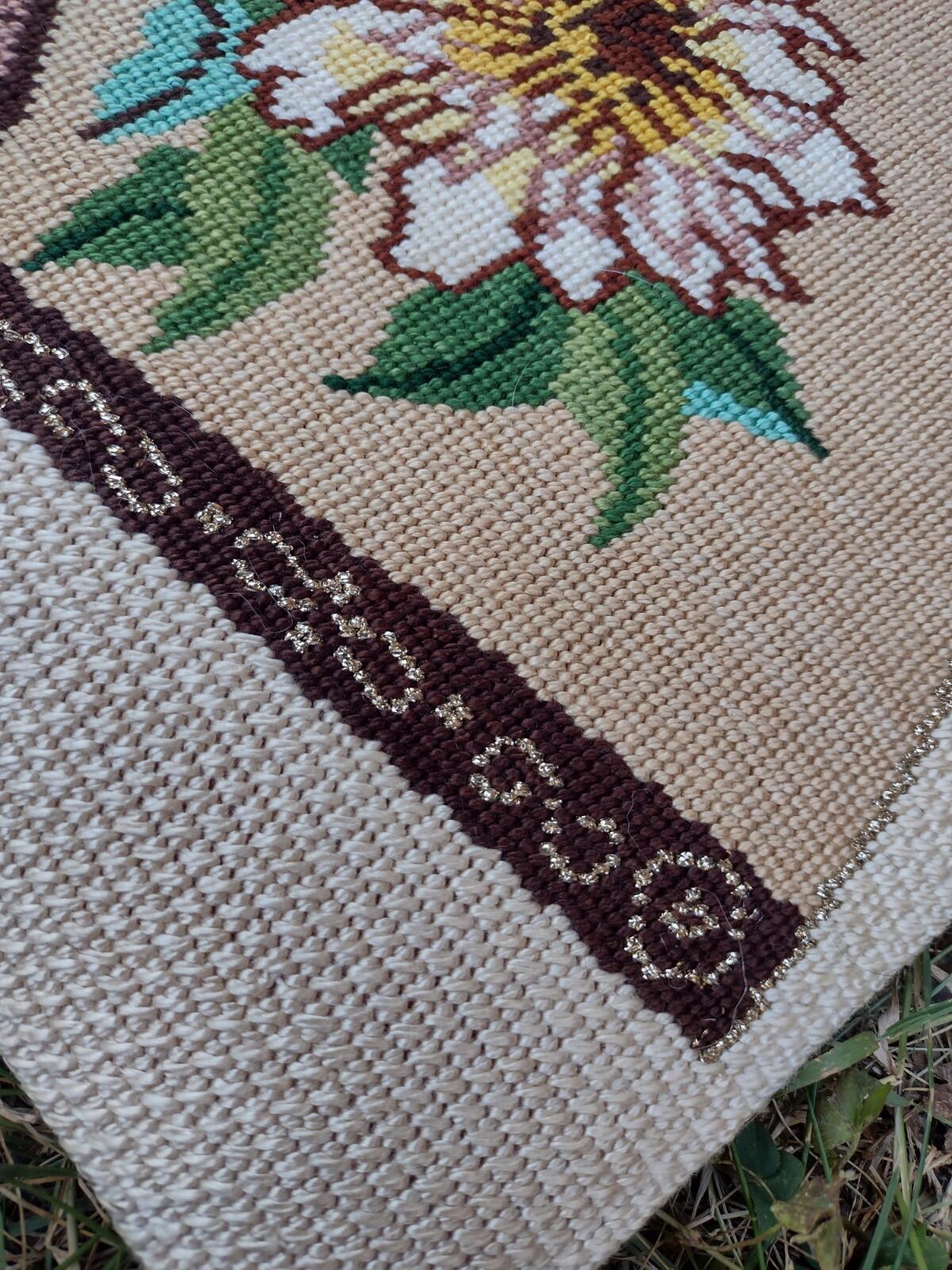 Needlepoint Wall Hanging Chinoiserie Floral Fan Bees Gold Vintage 18x10