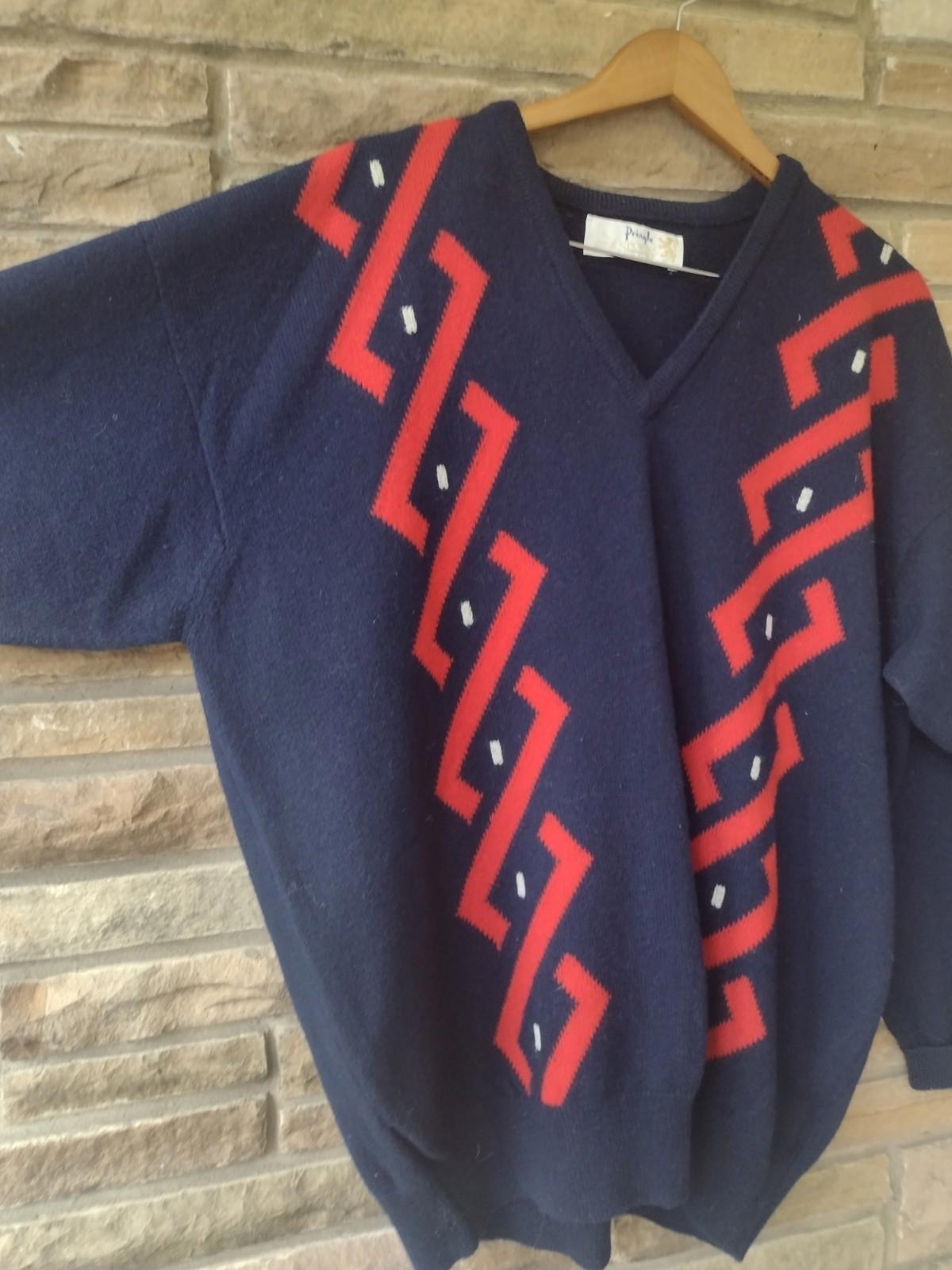 Vintage Pringle Sports Wool Sweater XL Navy Red Geometric Made in Scotland