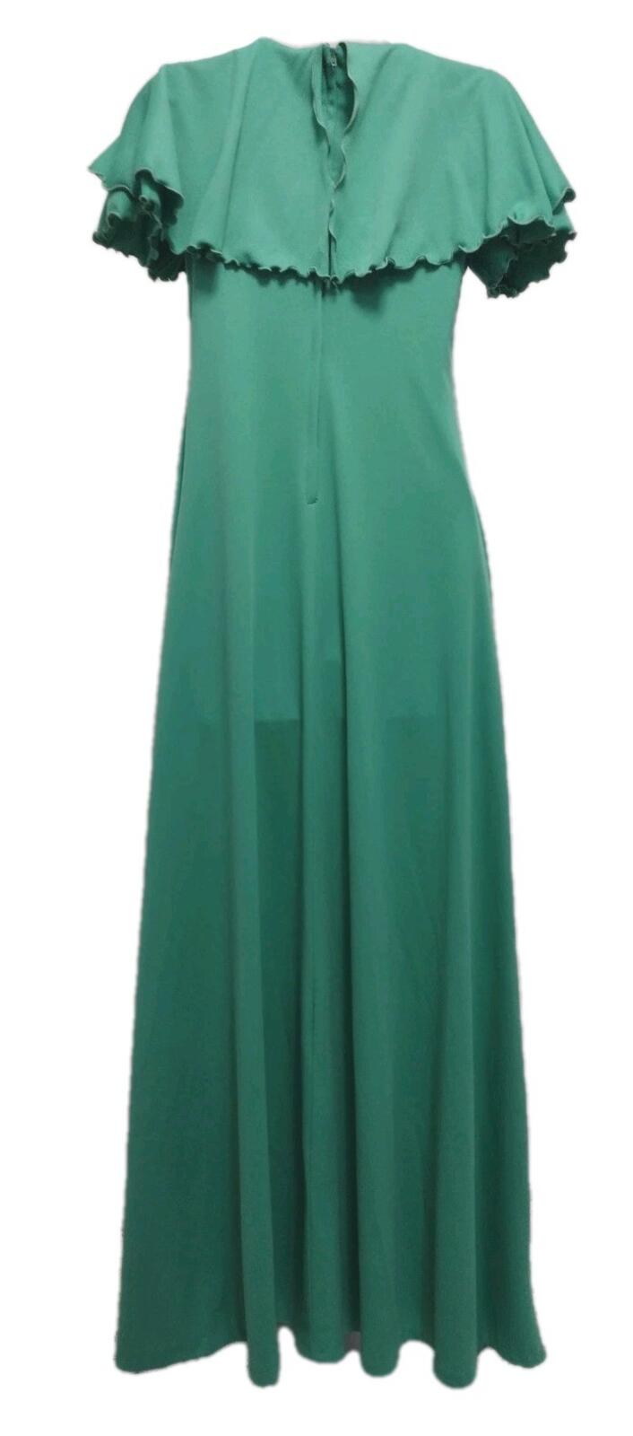 70s Green Polyester Empire Waist Maxi Dress Flutter Sleeve M