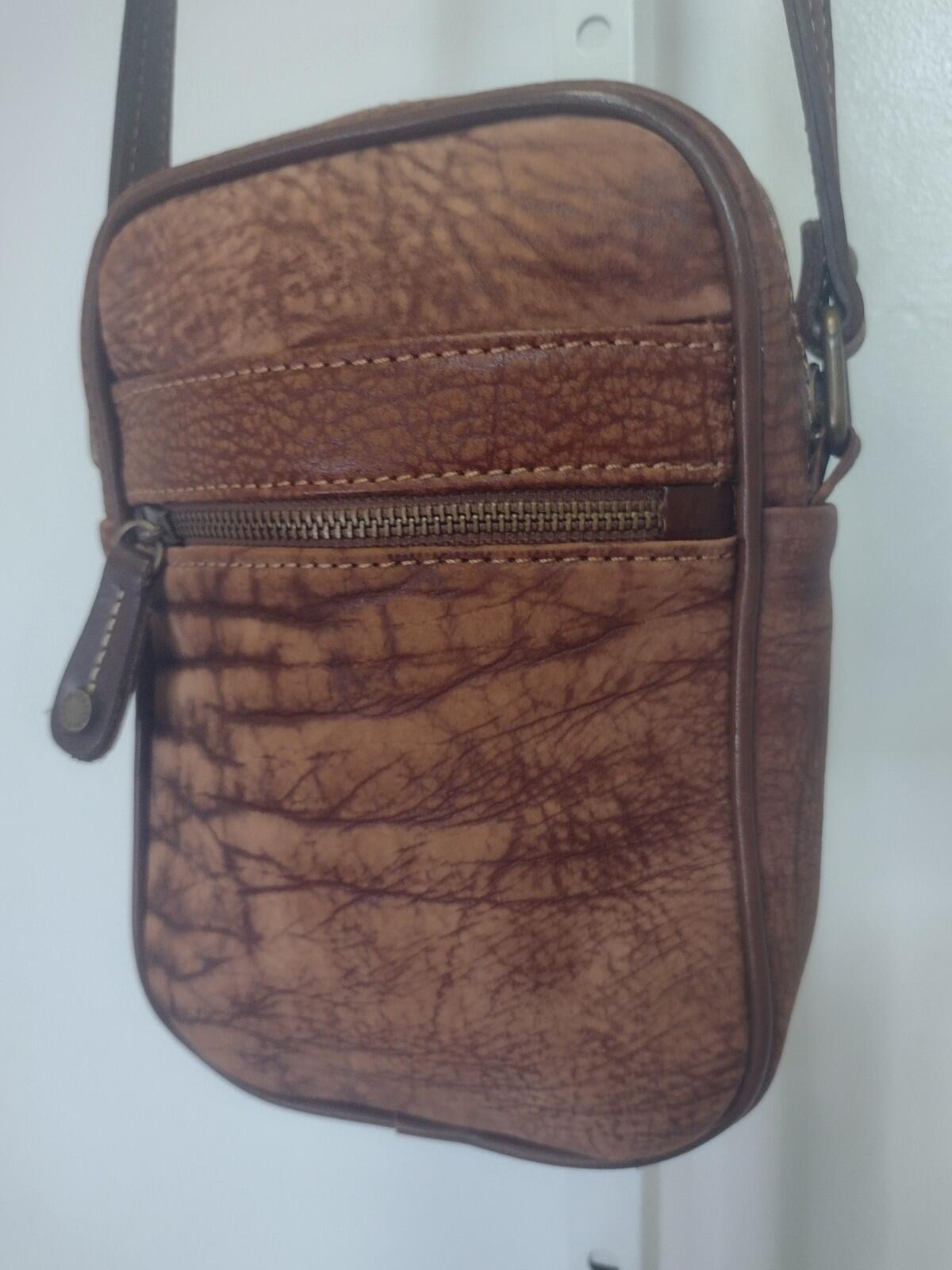 Vintage 80s Bacare Nubuck Leather Crossbody Bag Argentina Brown Brass 7x9x2