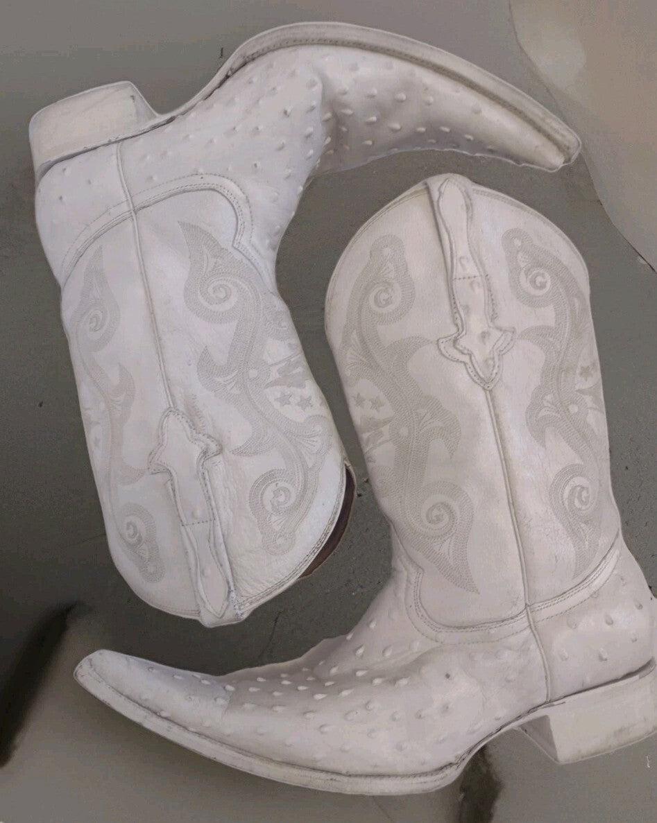 Vintage El General White Ostrich Cowboy Boots Eagle Snip Toe Western US 12
