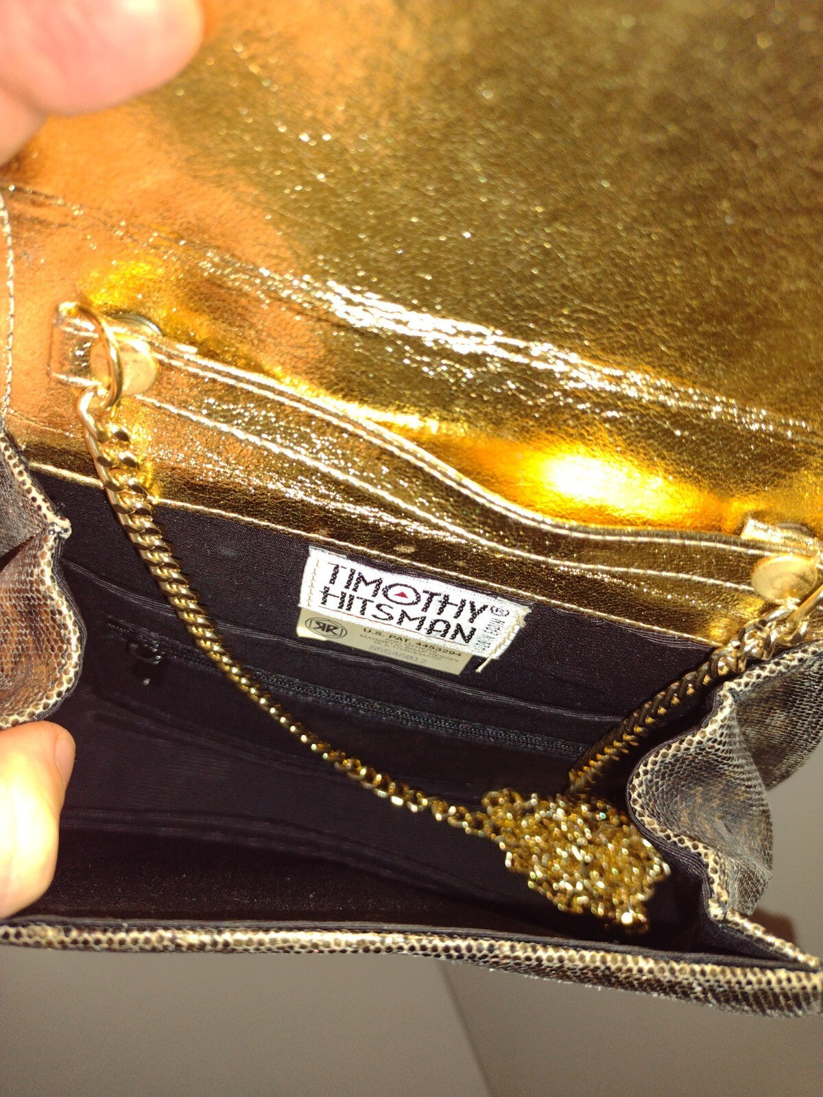 Vintage Timothy Hitsman Spain Metallic Snakeskin Envelope Clutch Chain Purse Bag