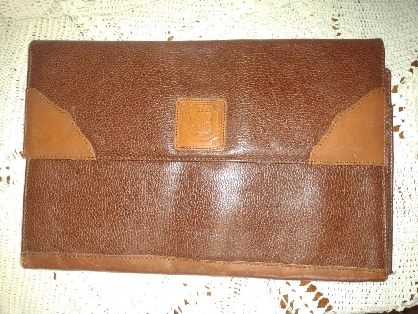 VTG 70s AKA Sorority Leather Folio Portfolio Embossed Shield Brown Document Case