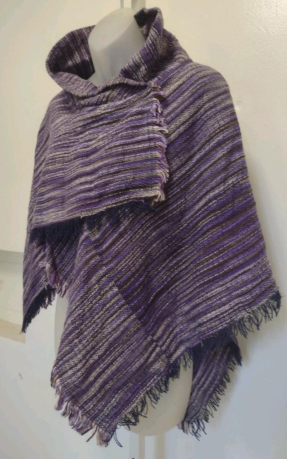 Handwoven Thai Cotton Poncho Purple Striped Fringe Shawl Snap Neck