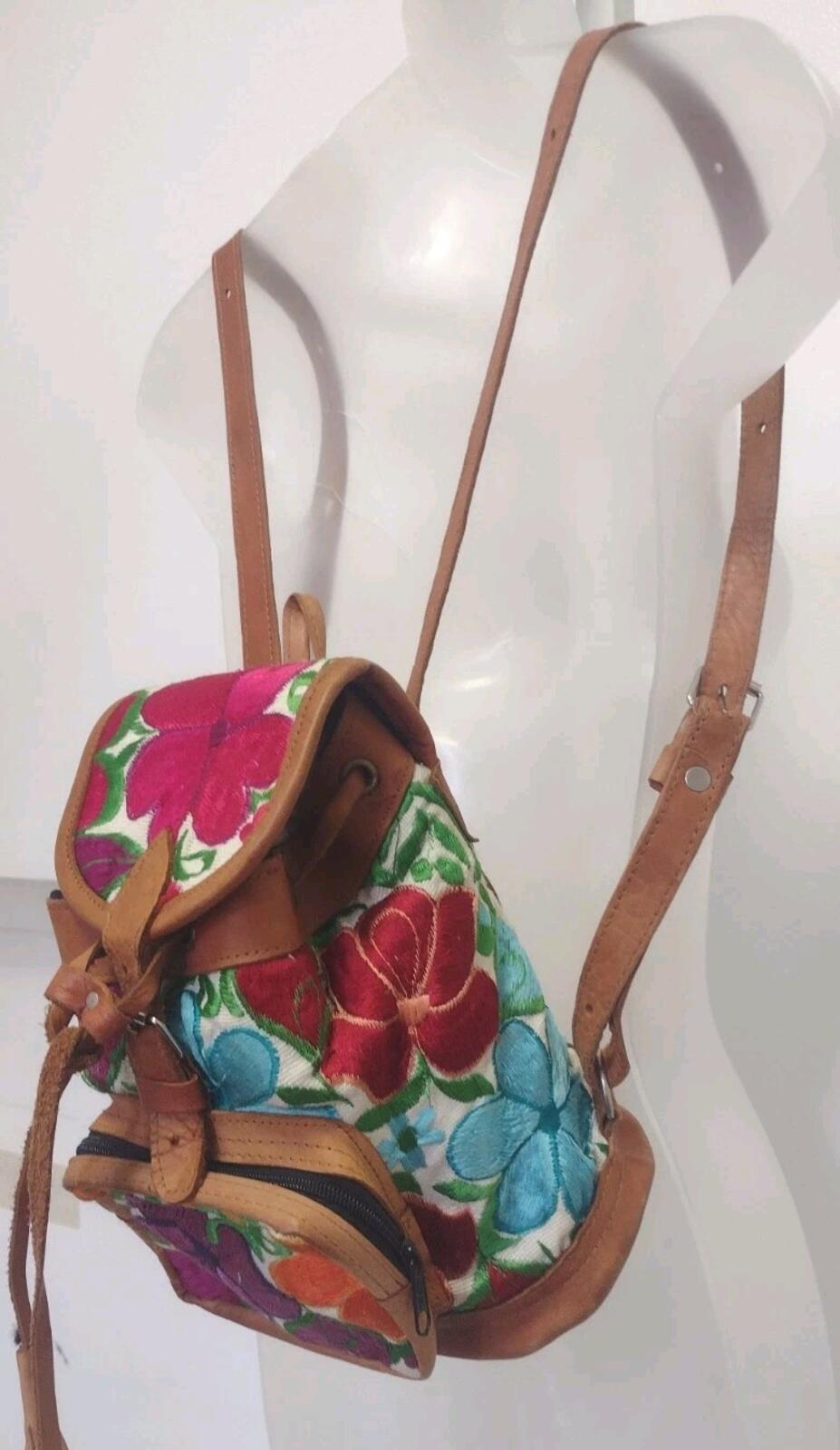 Vintage Handmade Embroidered Floral Leather Mini Backpack Boho Folk Art