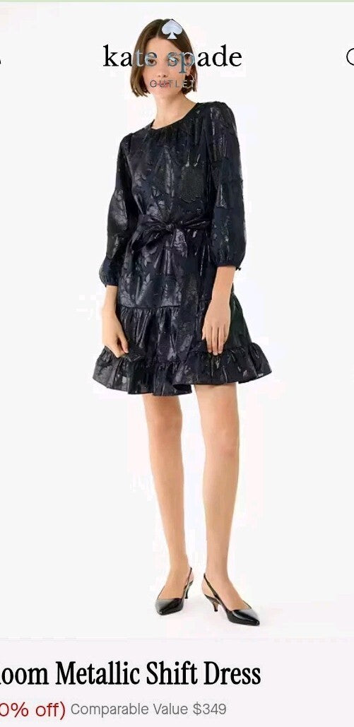 Kate Spade Full Bloom Dress Whimsy Goth Metallic Floral Tiered Ruffle Belt L