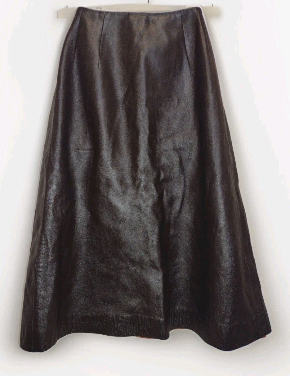 Vintage 70s Brown Leather Wrap Midi Skirt A-Line Boho Western Dark Academia