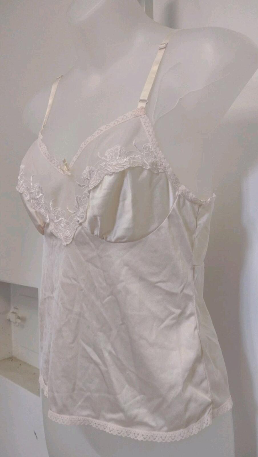 VTG 70s Beige Nylon Lace Camisole Top Small Summer Layering Sheer Bust