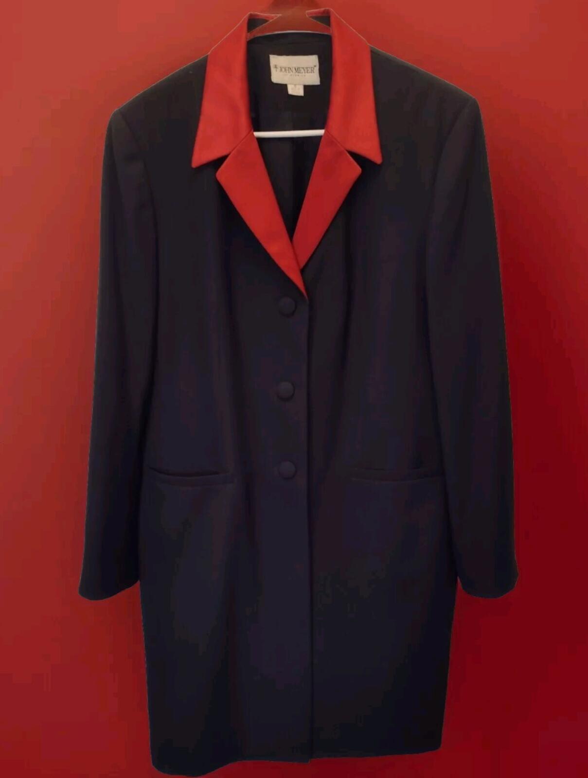 Vintage John Meyer Black Blazer Long With Red Collar Jacket Size 16W