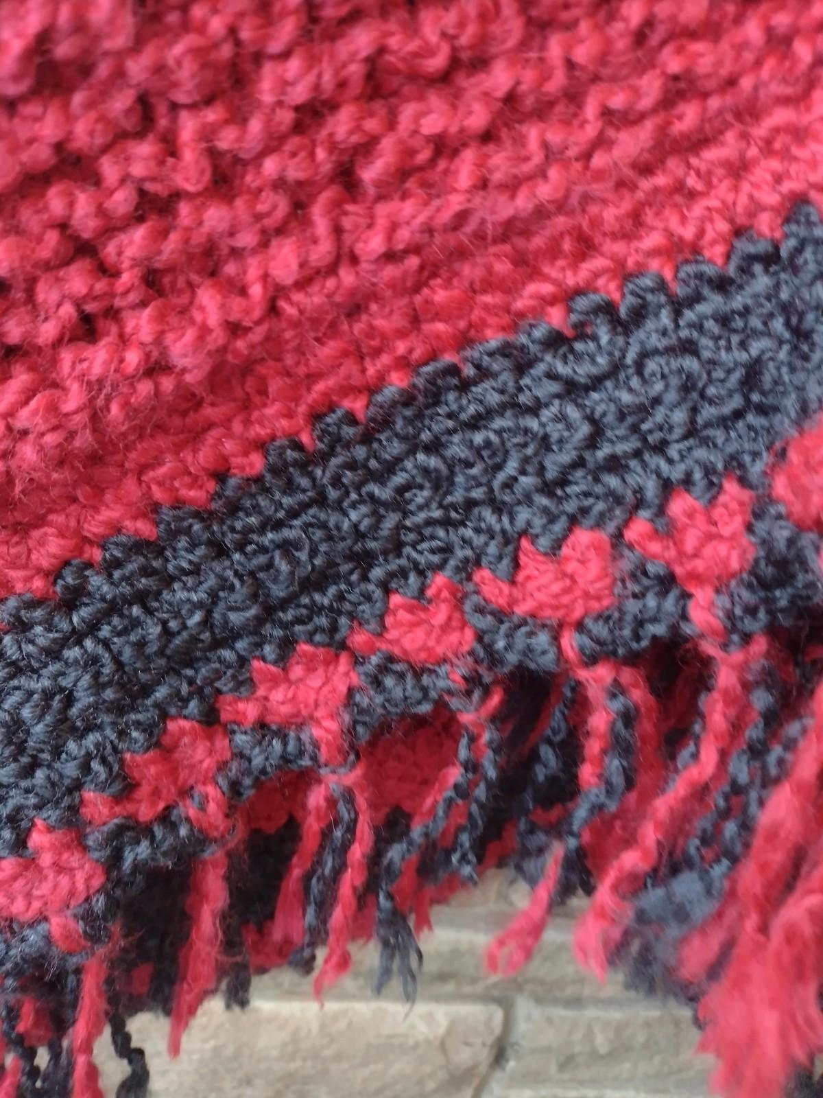 Vintage Handmade Red Black Crochet Wrap & Hat Set Fuzzy Acrylic Fringe