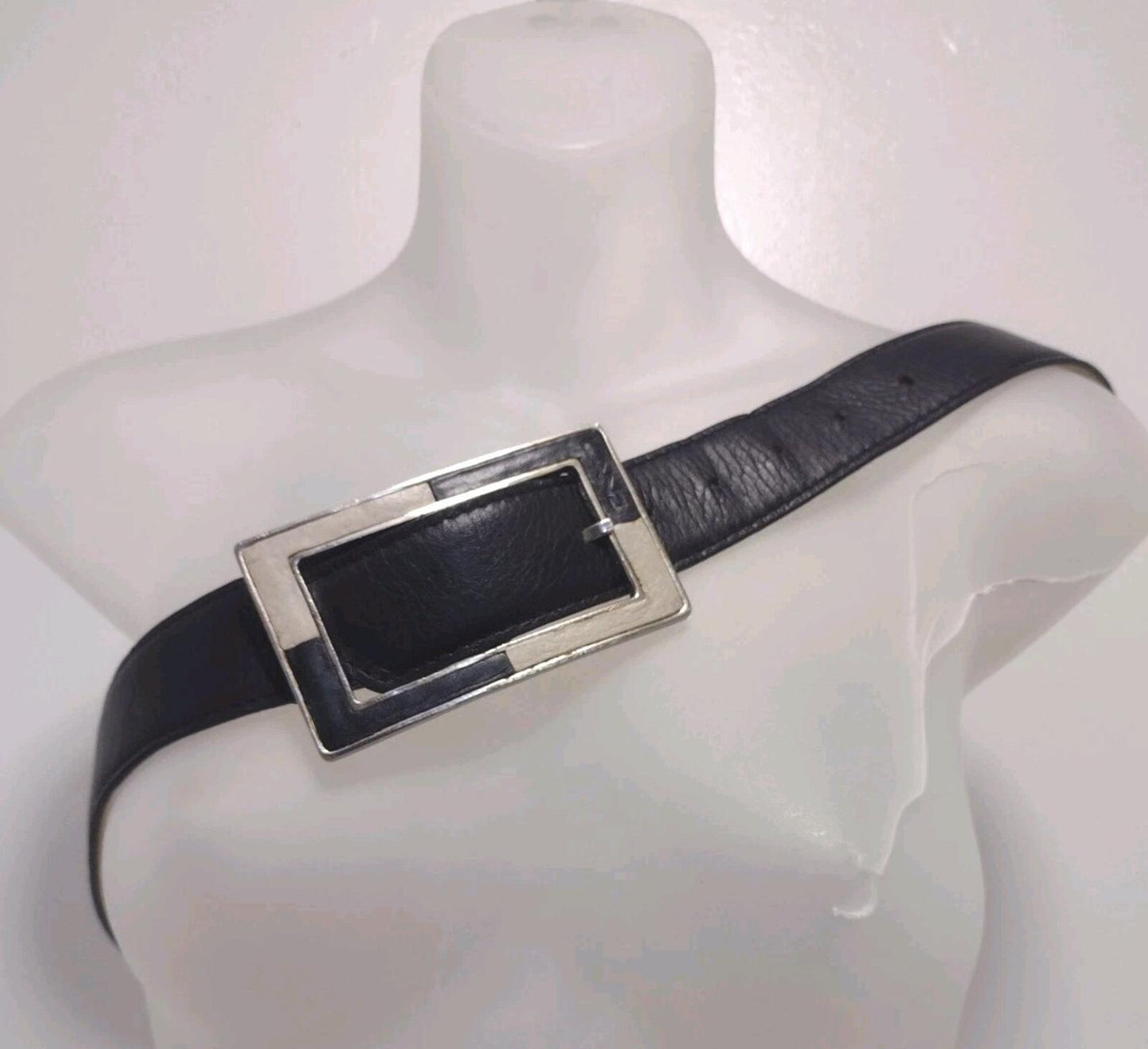 Vintage 70s LAND Leather Belt Black Soft Leather Silver Buckle Logo 32–36 In