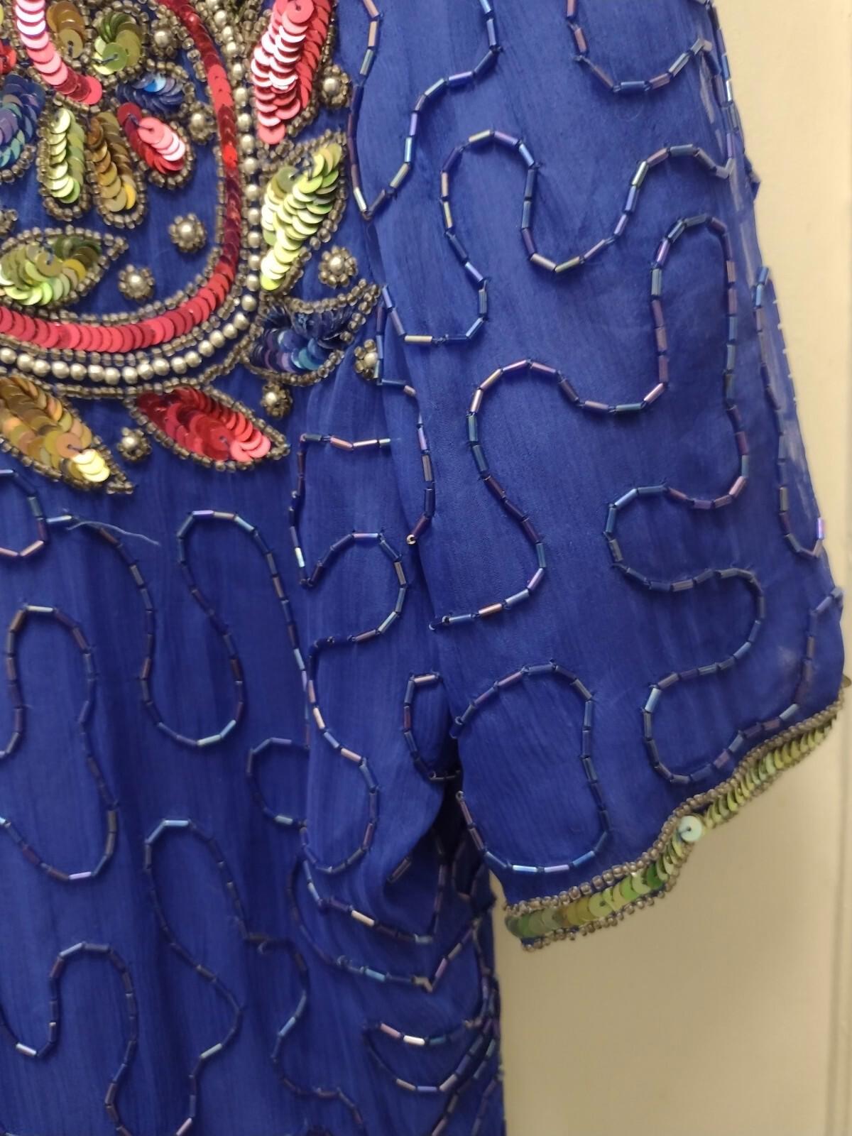 Denise Elle Vintage 80s Blue Beaded Sequin Silk Dress Sz L