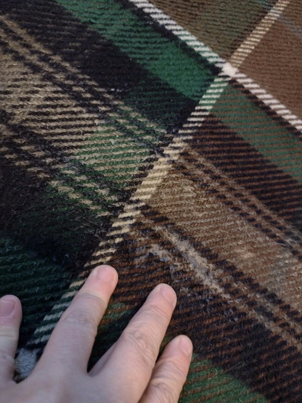 VTG 70s Wool Plaid Stadium Blanket Brown Green Double Cloth Fringe Monogram S