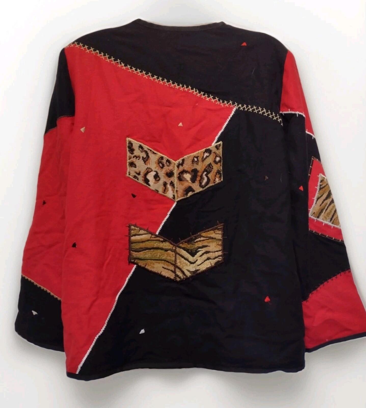 Indigo Moon Patchwork Art to Wear Jacket M Red Black Animal Print Spiral Buttons