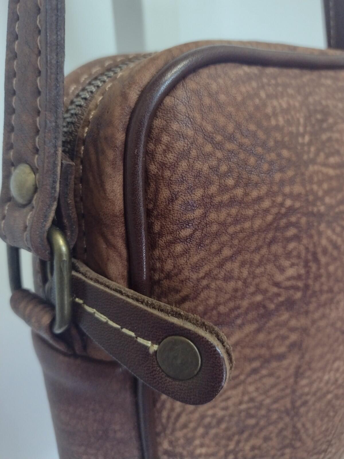Vintage 80s Bacare Nubuck Leather Crossbody Bag Argentina Brown Brass 7x9x2