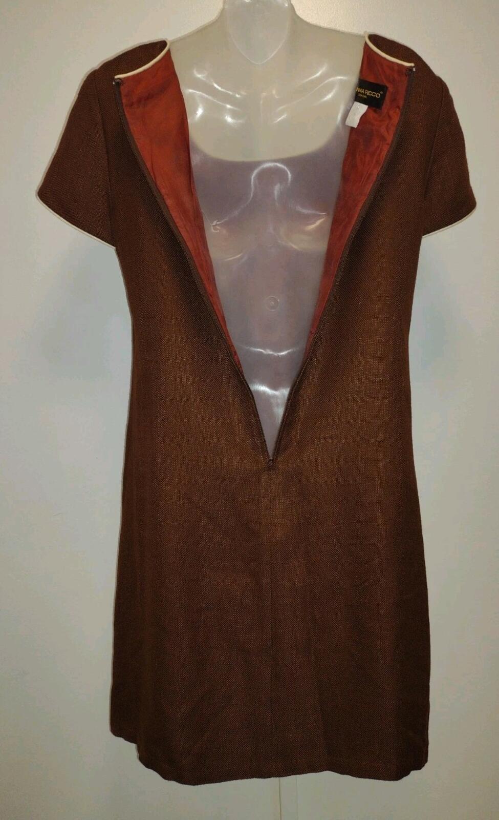 Vintage Donna Ricco Brown Woven Sheath Dress Size 10 Rayon Cotton Piped Pockets