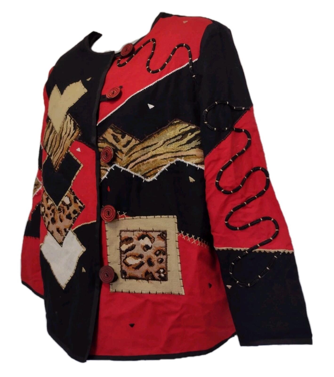 Indigo Moon Patchwork Art to Wear Jacket M Red Black Animal Print Spiral Buttons