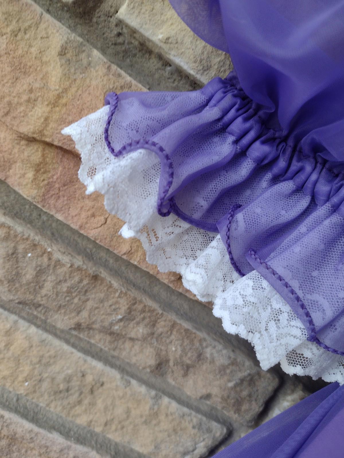 70s Purple Chiffon Prairie Gown Lace Ruffles Satin Lining S