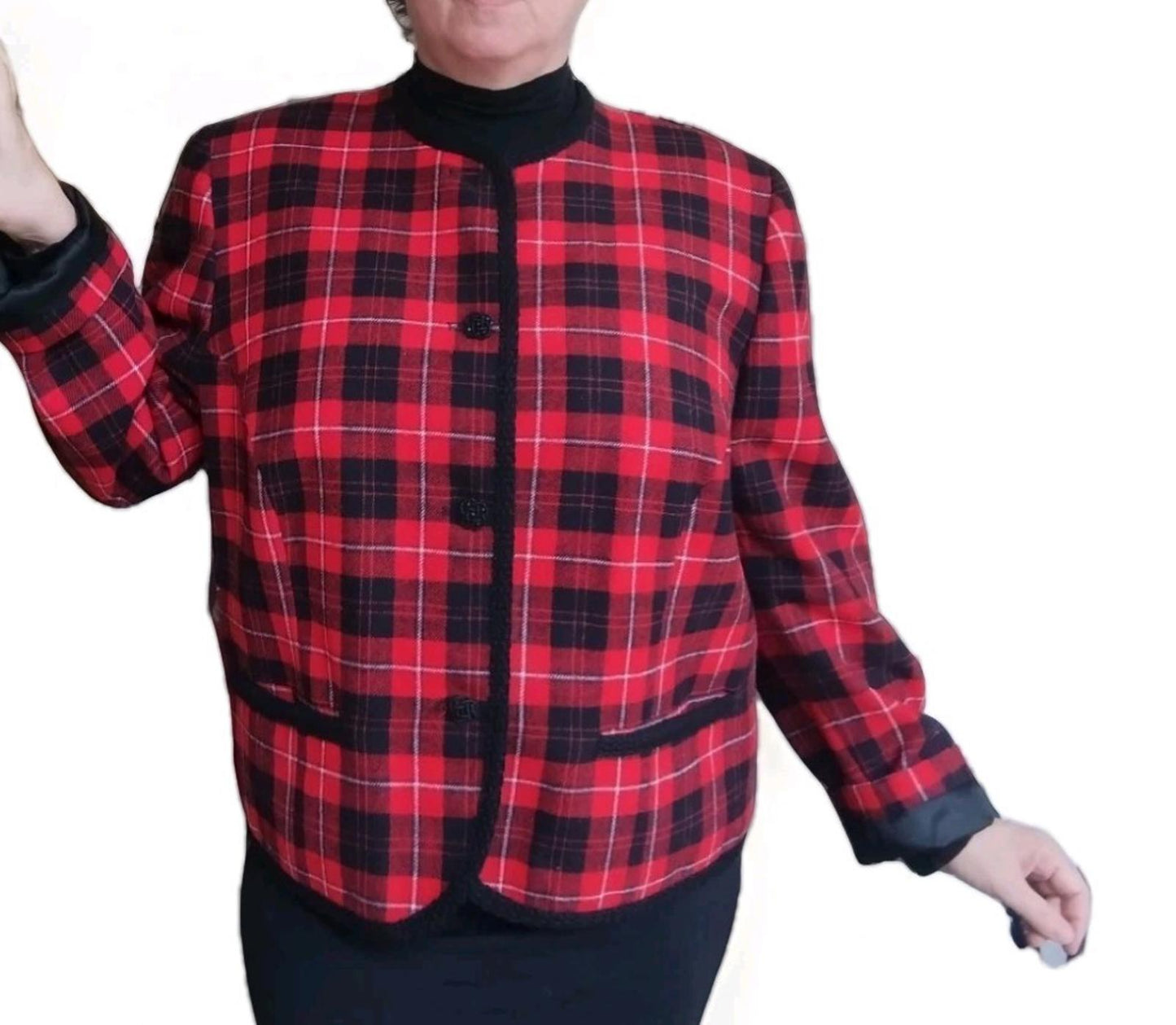 Vintage 60s Rare Pendleton Wool Jacket 18W Red Plaid Braided Trim Satin Lining