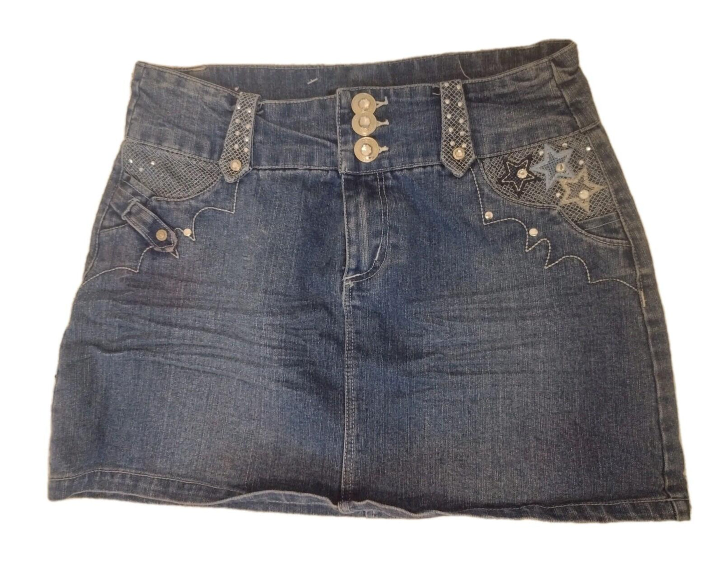 Sugar Jeans Y2K Rhinestone Distressed Denim Micro Mini Skirt Sz 9/10 Embellished