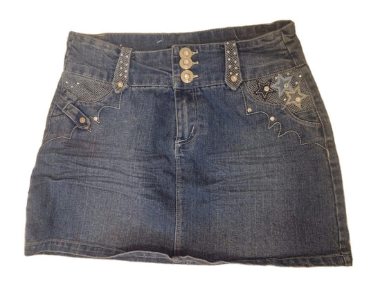 Sugar Jeans Y2K Rhinestone Distressed Denim Micro Mini Skirt Sz 9/10 Embellished