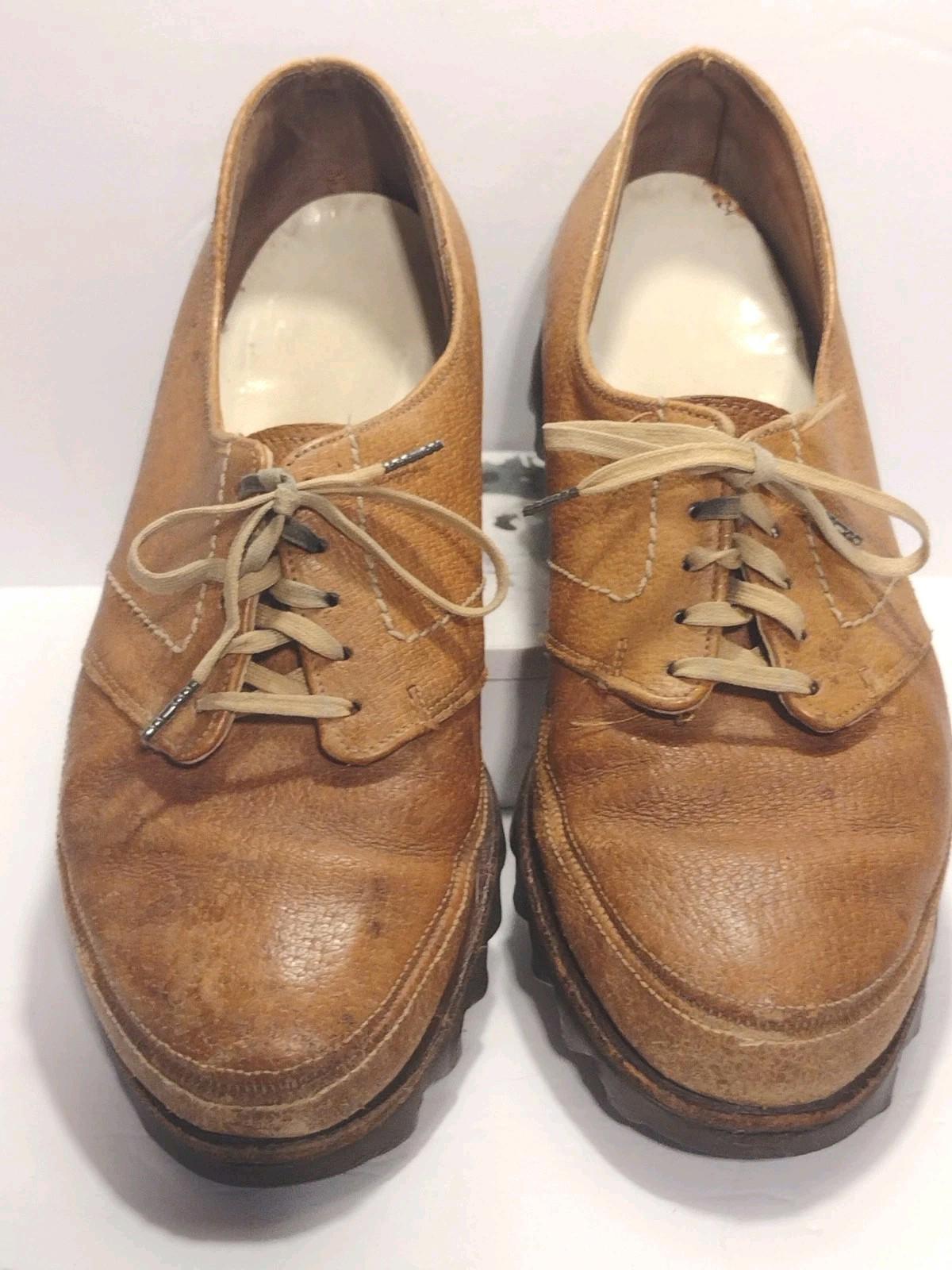 Vintage 60s Women’s Brown Leather Shoes Zigzag Sole Lace Up 10” Sz 7.5