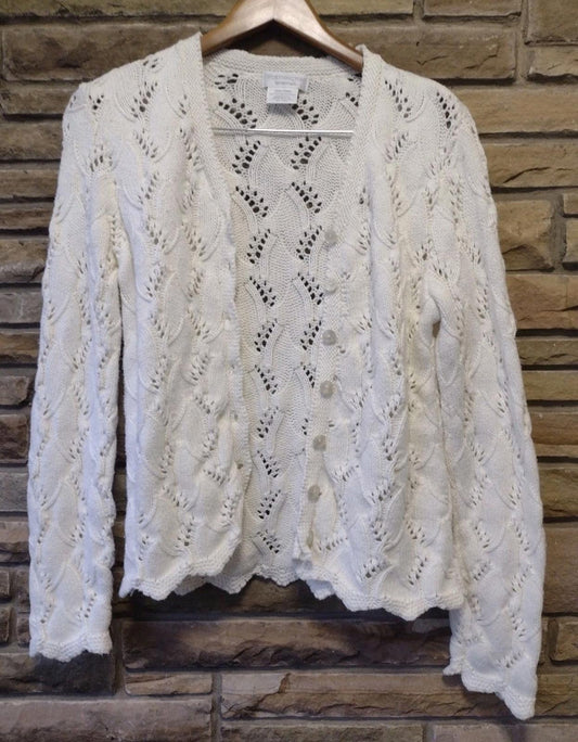 Vintage 80s 100% Cotton Knit Lace Cardigan Mother Of Pearl Buttons Cottagecore S