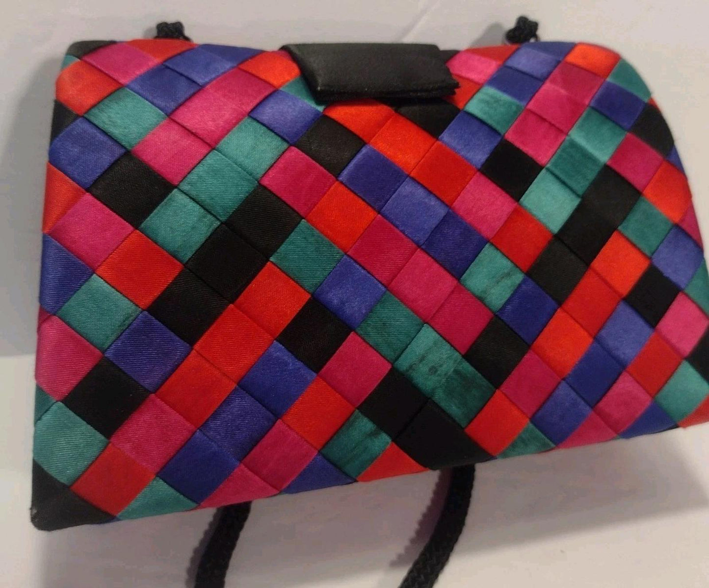 VTG VANESSA Woven Ribbon Hard Shell Clutch Shoulder Bag Multicolor Satin Lined