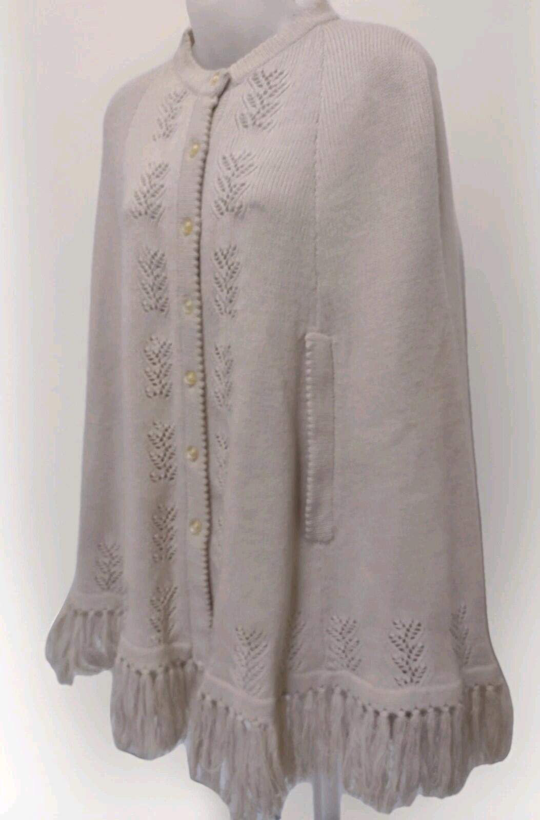 VTG 70s Sweater Bee Hong Kong Knit Poncho Cape Beige Eyelet ButtonsDeadstock