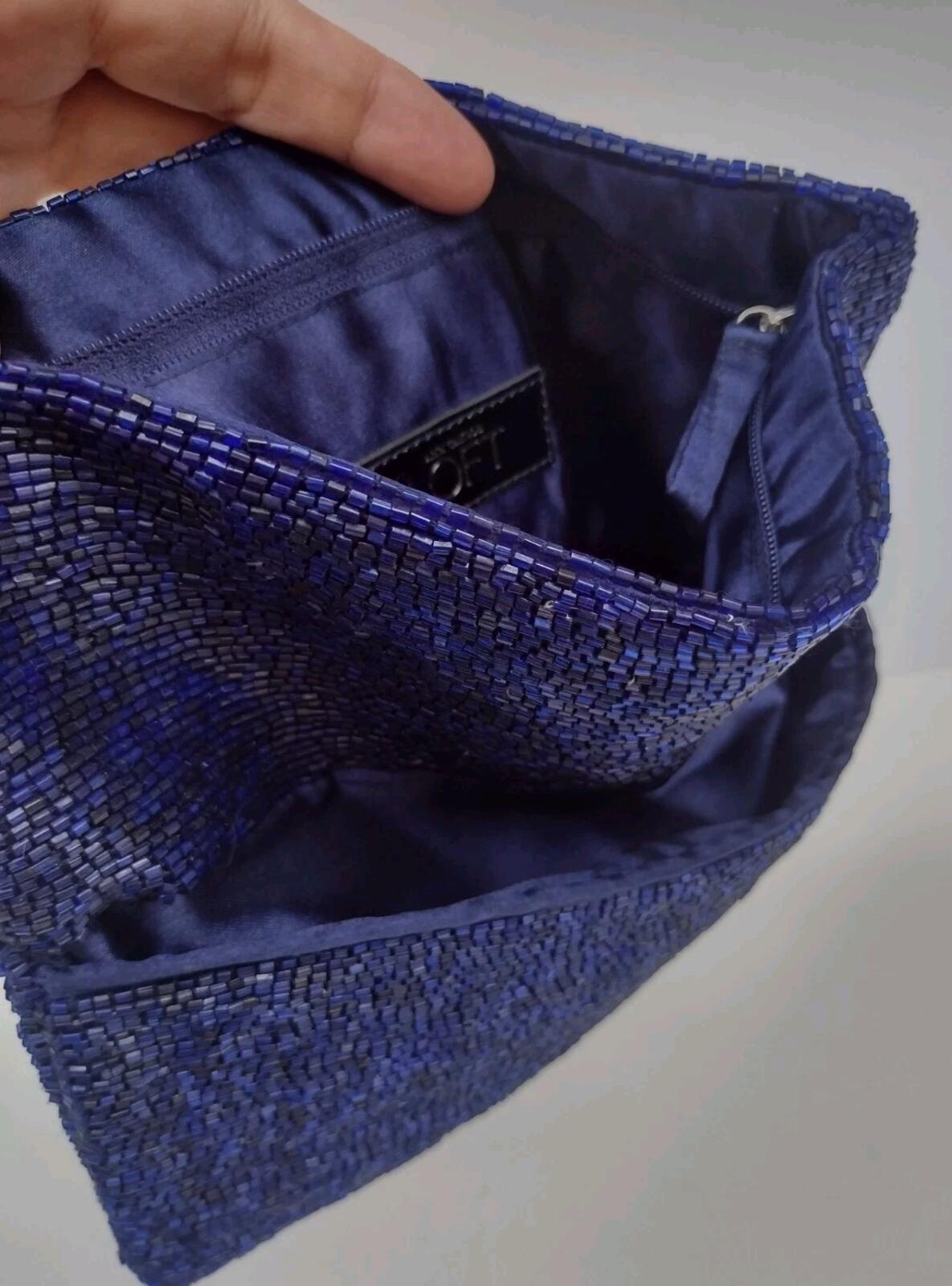 NWOT  Navy Beaded Envelope Style Clutch Extendible Royal Blue Bugle Beads