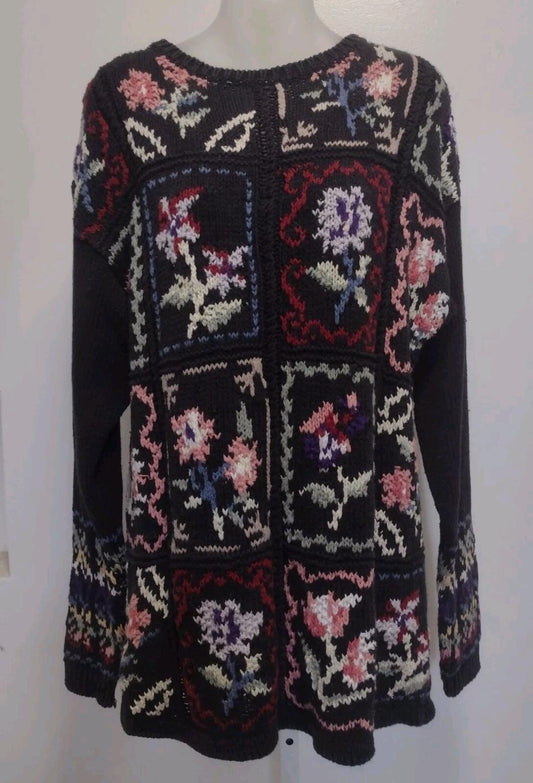Vintage 80s Celina Yang Floral Intarsia Ramie Cotton Sweater L Hong Kong Knit