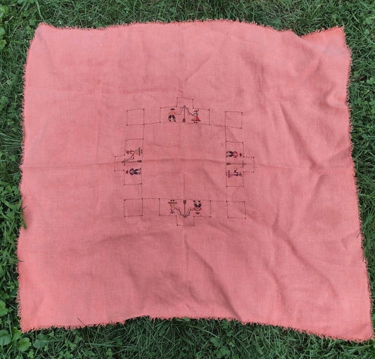 Vintage 1940s Maypole Embroidered Table Topper Folk Art Coral 33x36
