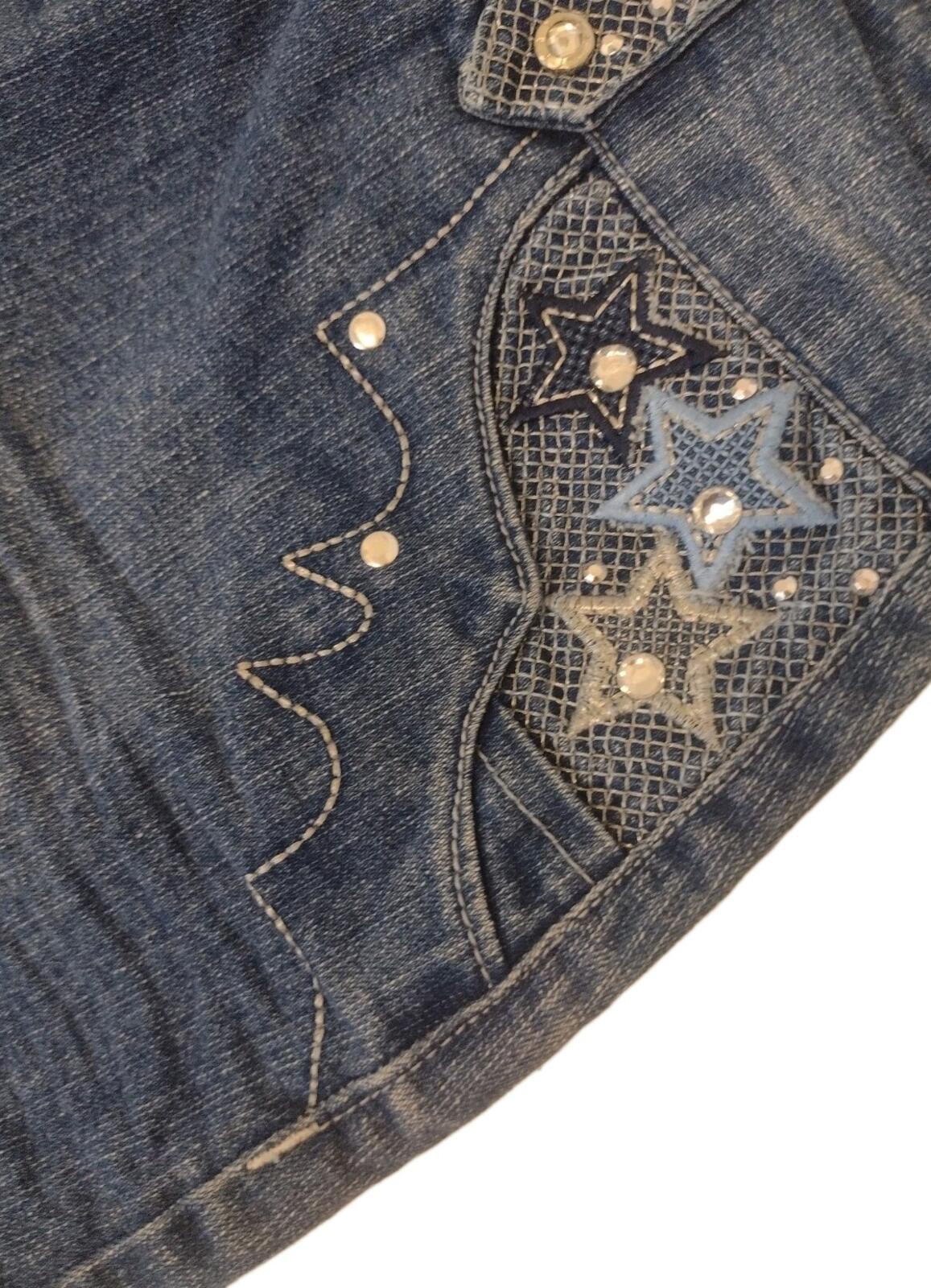 Sugar Jeans Y2K Rhinestone Distressed Denim Micro Mini Skirt Sz 9/10 Embellished