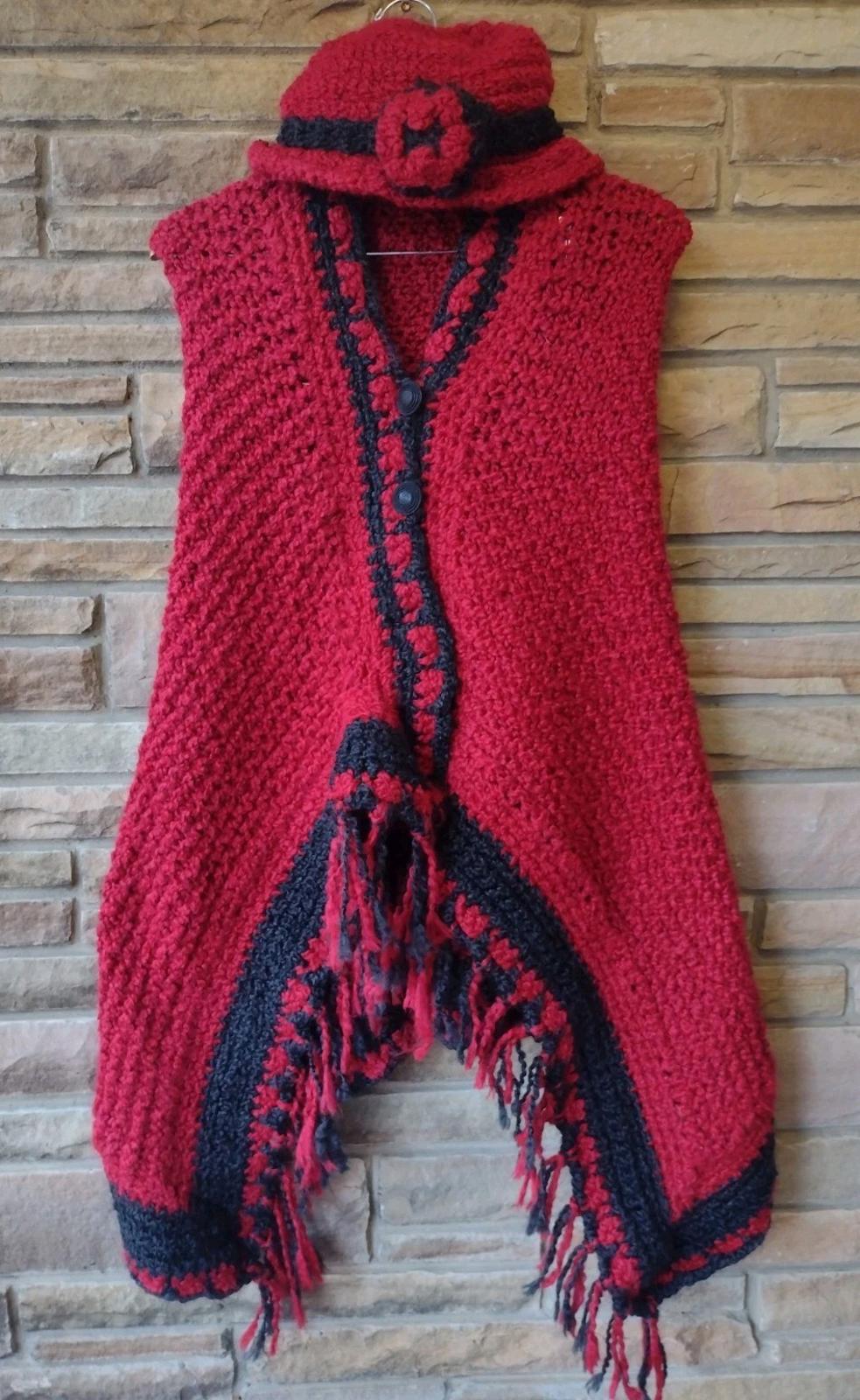 Vintage Handmade Red Black Crochet Wrap & Hat Set Fuzzy Acrylic Fringe