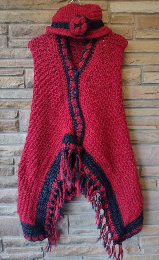 Vintage Handmade Red Black Crochet Wrap & Hat Set Fuzzy Acrylic Fringe