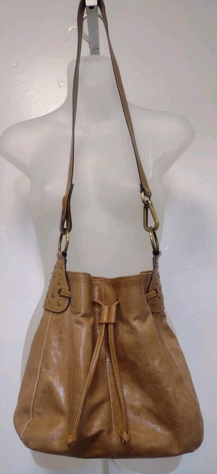 Vintage Tan Leather Drawstring Shoulder Bag Waxed Distressed Finish Stud Accents