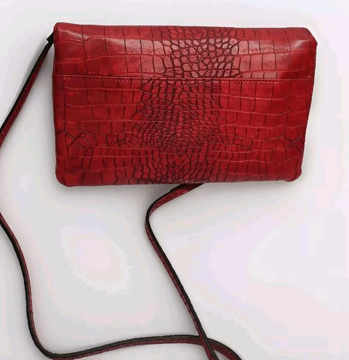 New Red Vegan Leather Croc Embossed Shoulder Bags / Clutch W Brass Stud Accents