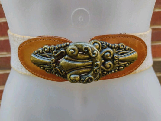 Stretch Waist Belt Wil-Lor USA Leather Scroll Buckle Boho WesternVintage 70s