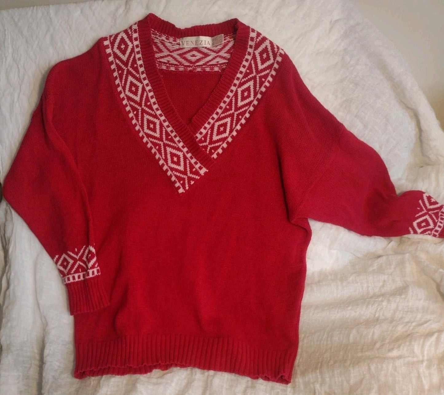 Rare 80s Vintage Venezia Red Nordic Ramie Cotton Sweater OSFA Hong Kong 80s