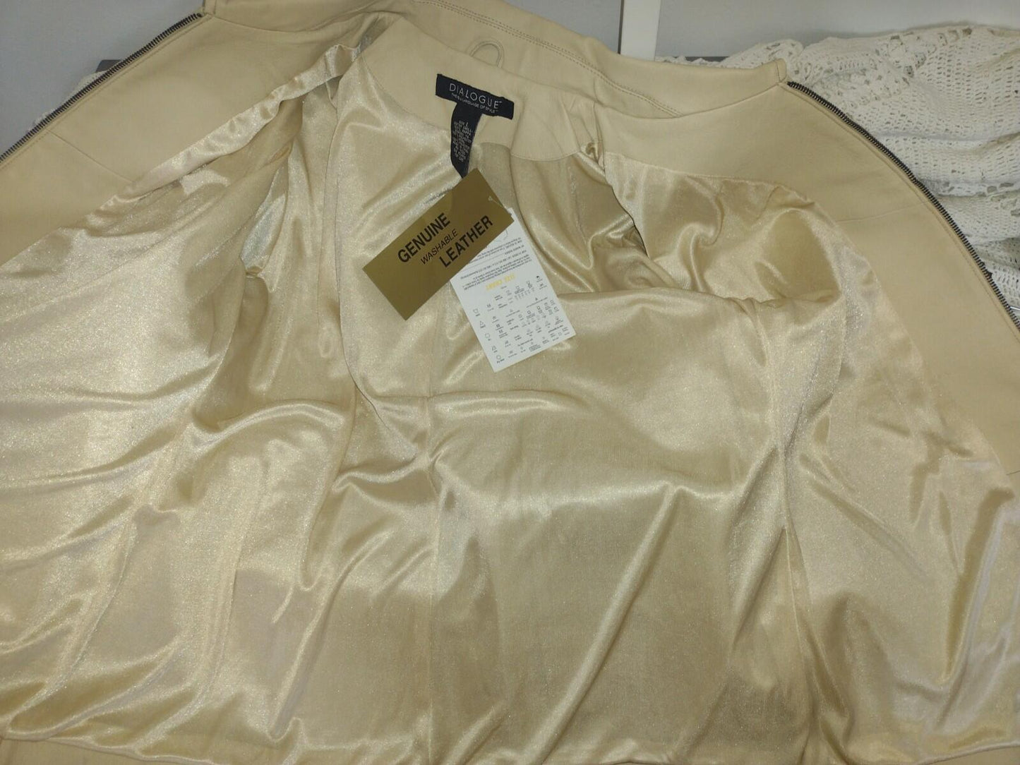 NWT  Cream Washable Leather Full Zip Jacket Dialogue The New Language of Style L