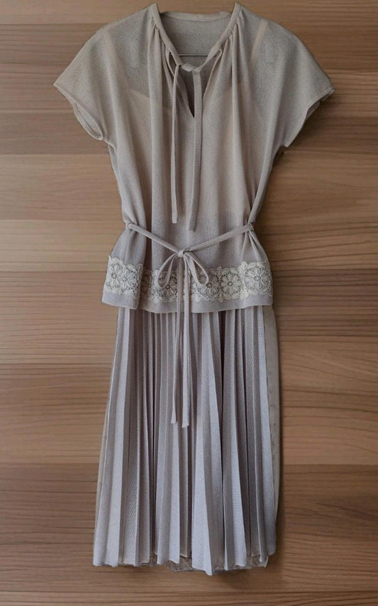 Marion McCoy 60s Mesh Lace 2 Pc Dress Set Pleated Skirt California M Beige