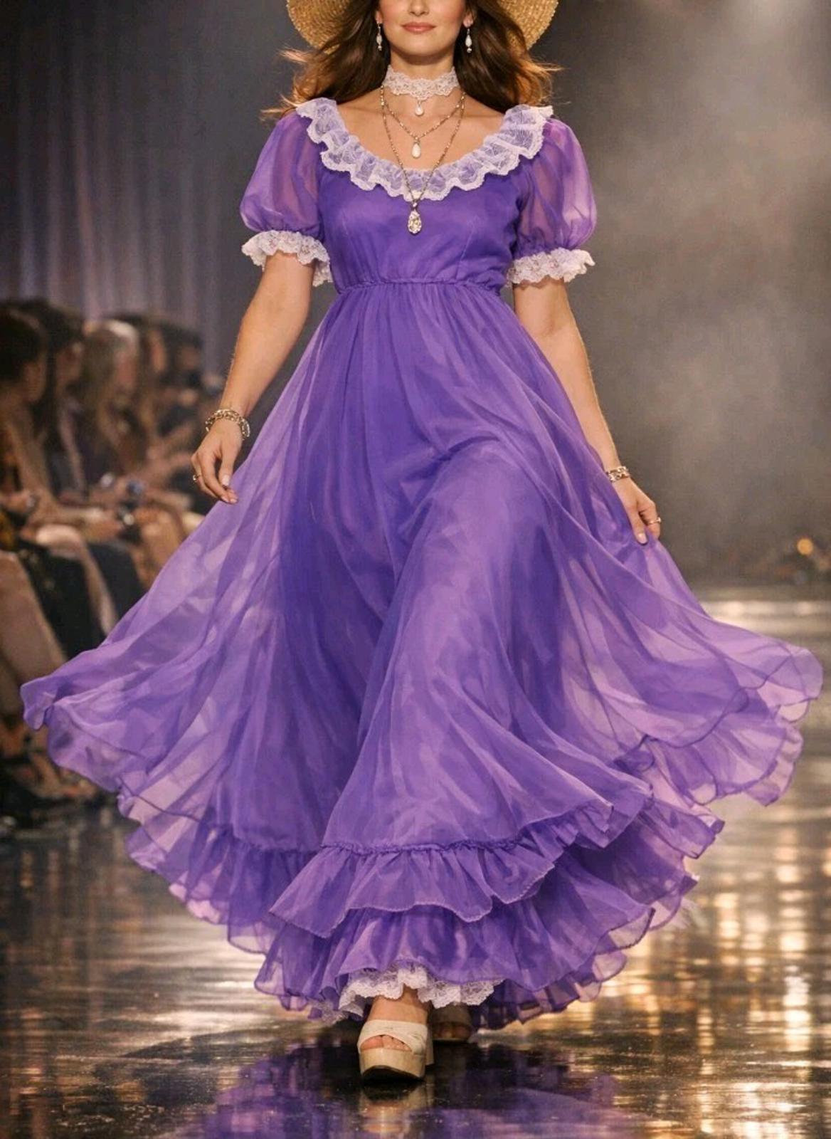 70s Purple Chiffon Prairie Gown Lace Ruffles Satin Lining S