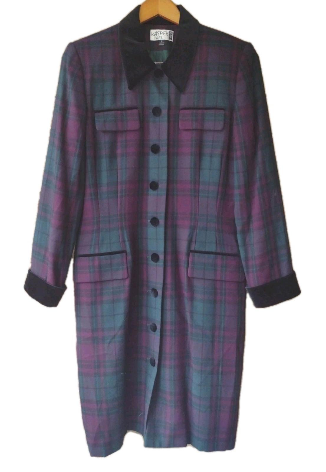 VTG Kasper ASL Petite Dress Coat Womens Green Plaid Flannel Velvet Collar Cuffs