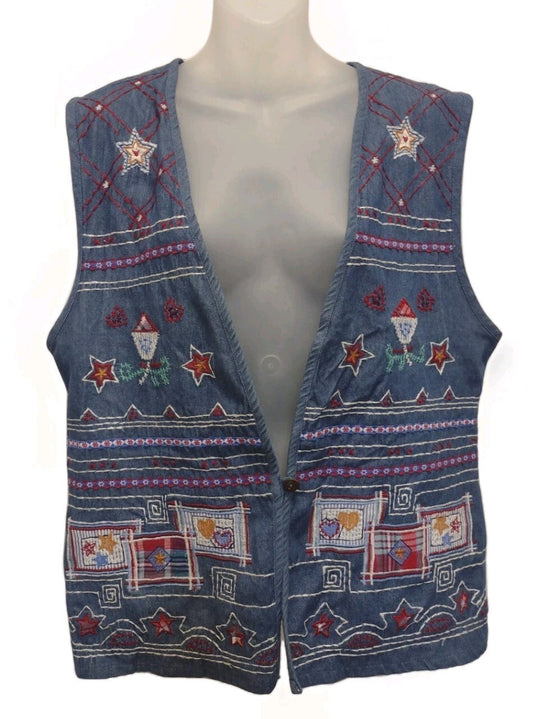 Vintage Koret City Blues Embroidered Denim Vest Folk Art Americana Boho Size L