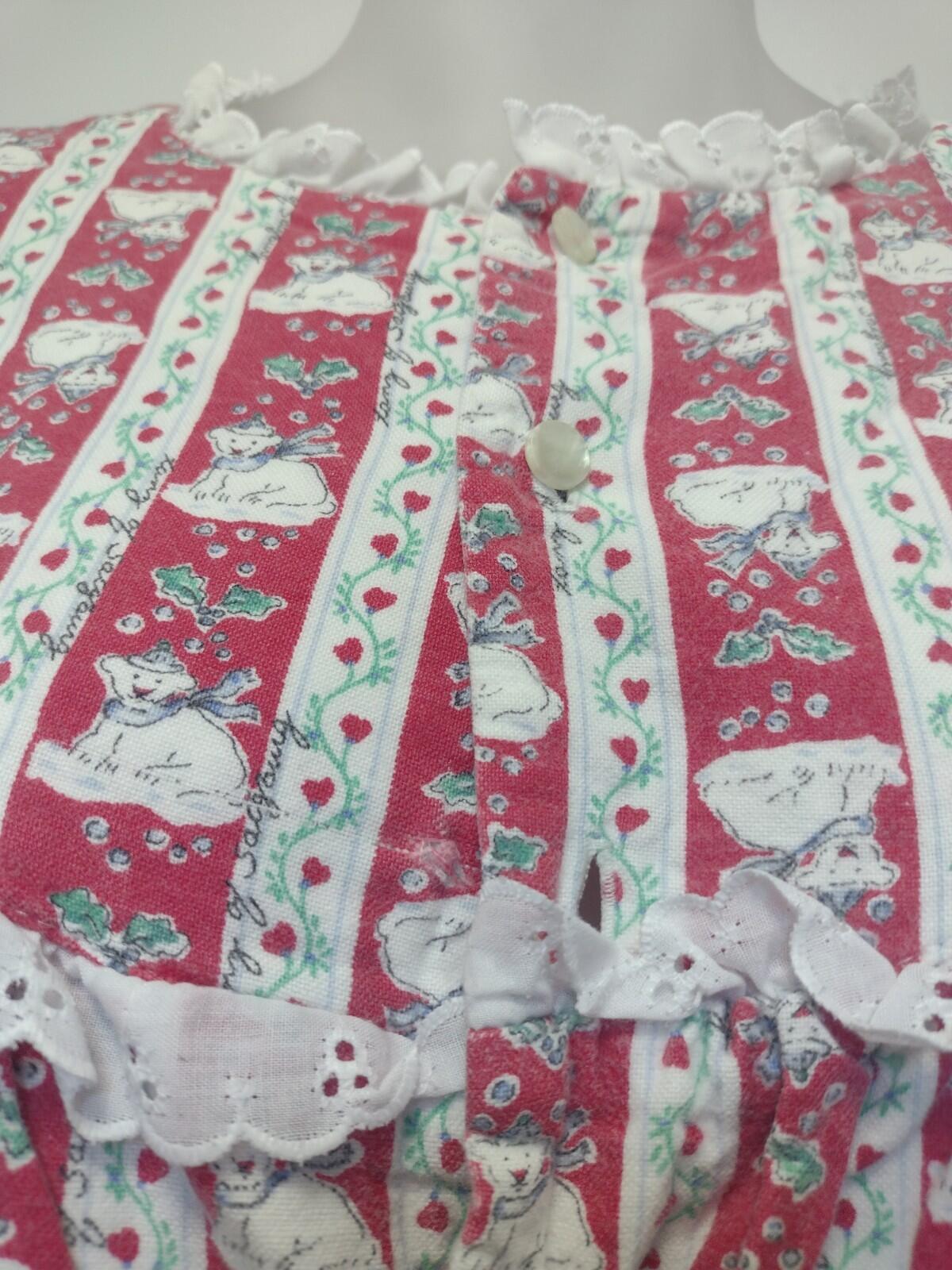 Vintage 80s Cotton Nightgown L Polar Bear Holly Print Lace Ruffle Long Sleeve