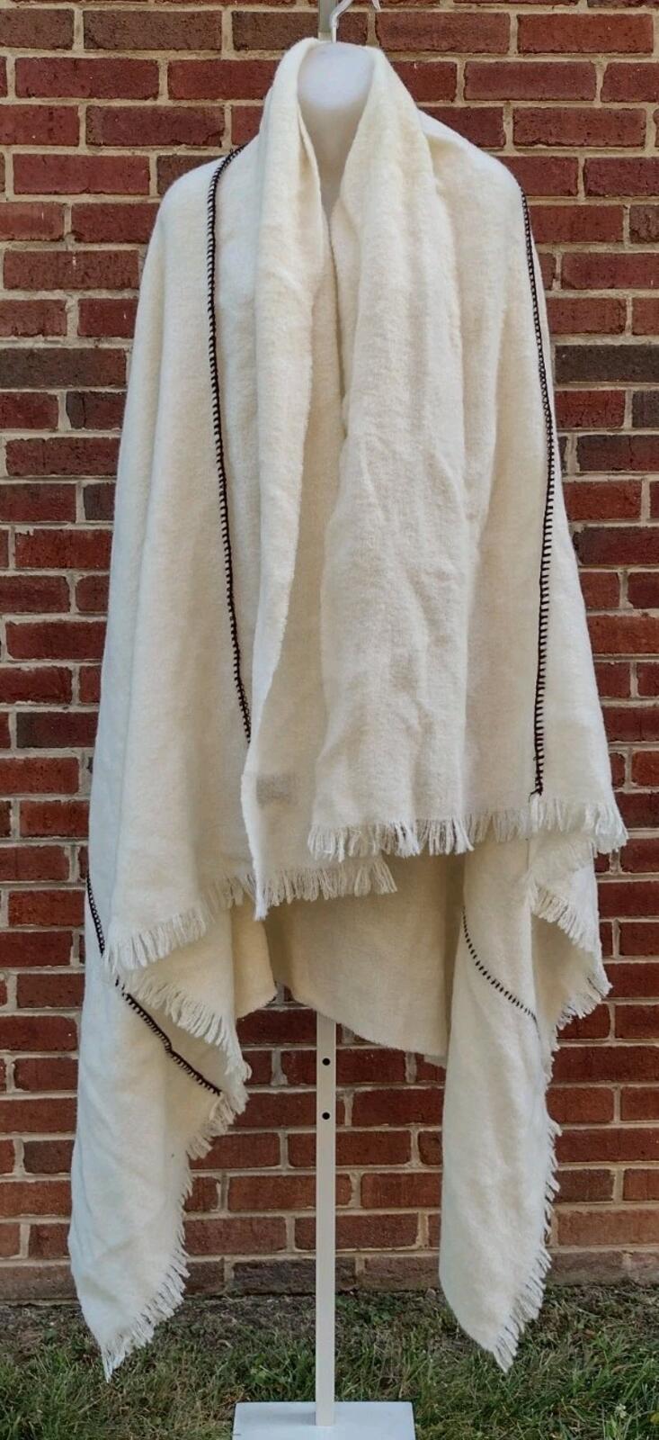 Zighilli Italian Wool Throw Cream Brown Stitch Fringe Rustic Farmhouse 76x52