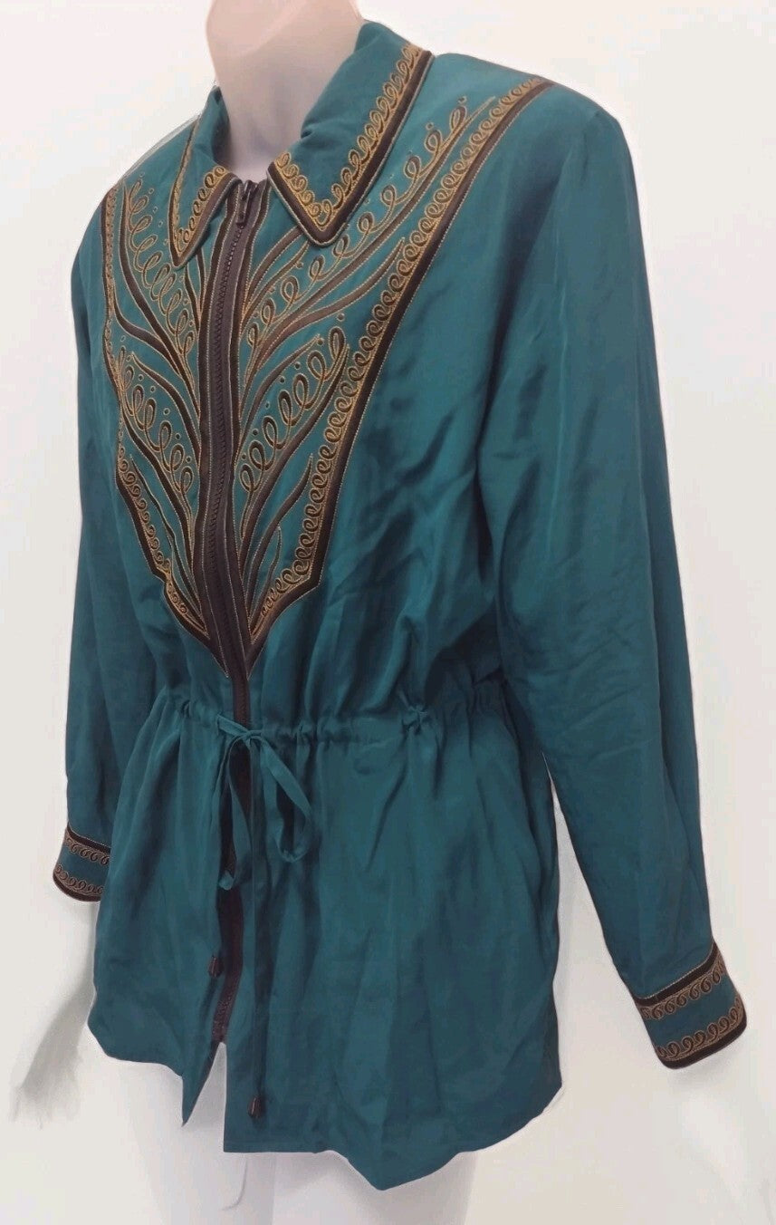 Bob Mackie Wearable Art Silk Jacket Embroidered Teal Western Boho Zip Medium