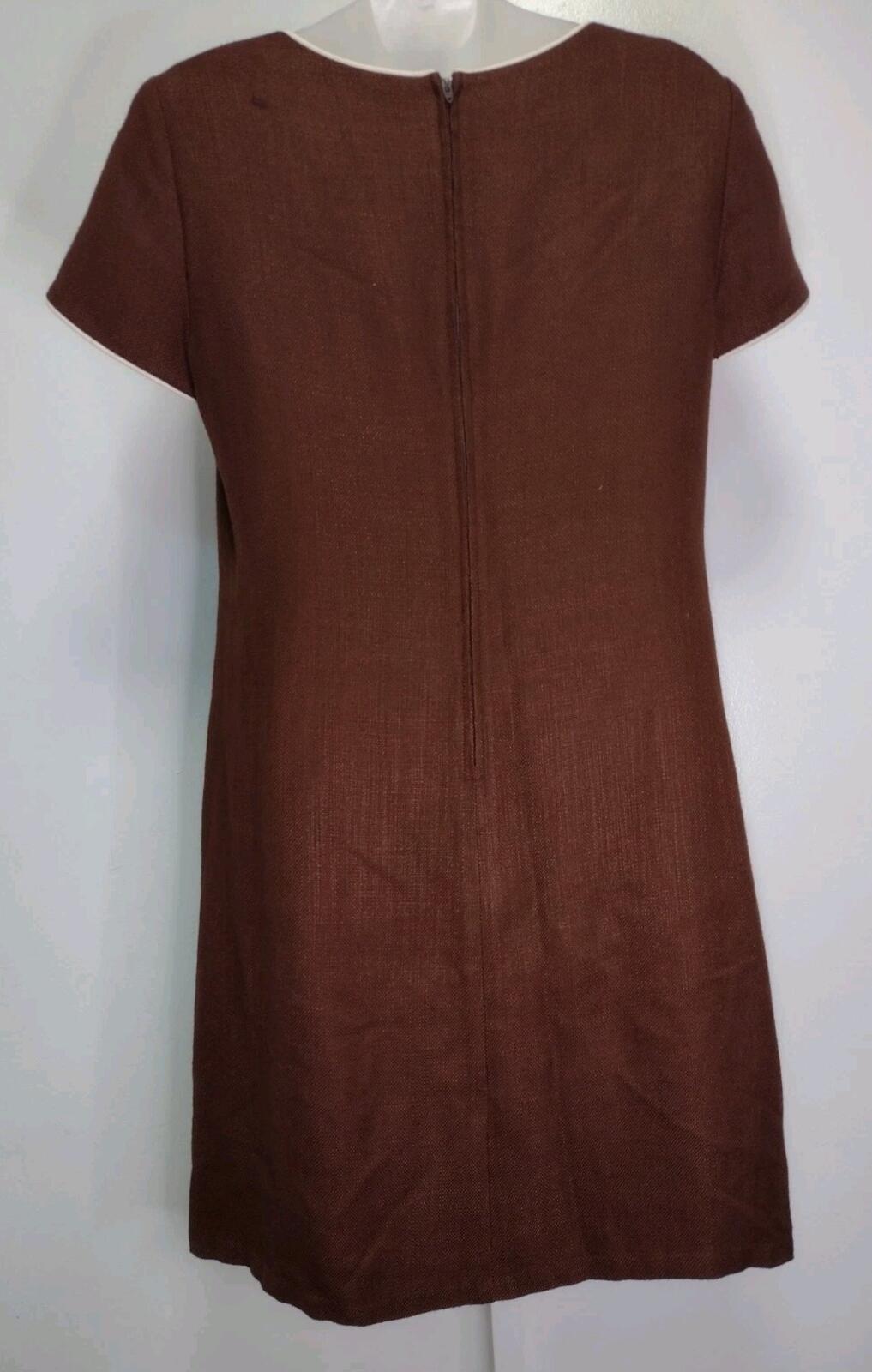 Vintage Donna Ricco Brown Woven Sheath Dress Size 10 Rayon Cotton Piped Pockets