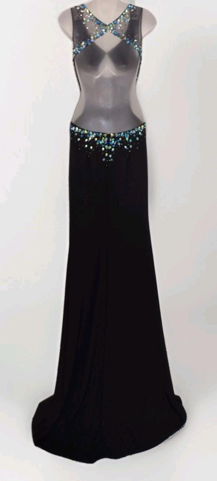 JK Black Rhinestone Keyhole Evening Gown Stretch Formal Dress Size 6