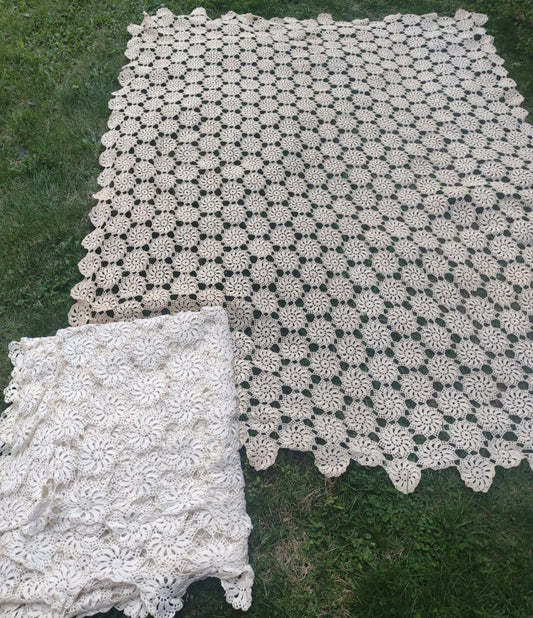 2 VTG 30s Hand Crochet Lace Textile Bedspread Curtains 102x96 90x74 Cottagecore